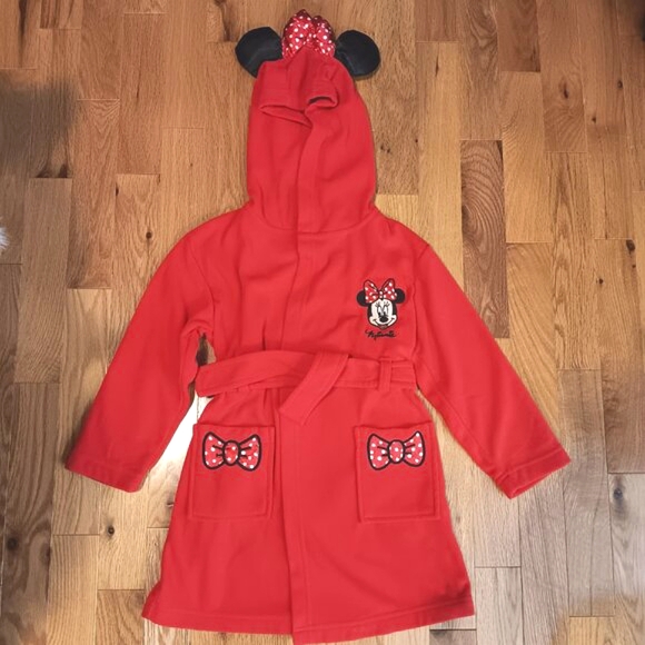 Disney Minnie Mouse NWOT Girl's Red Hooded Fleece Robe Bathrobe Size 3T - Picture 14 of 16